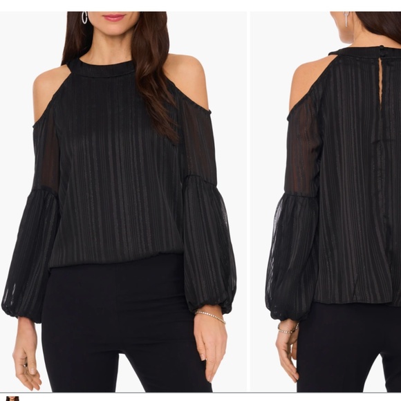 Chaus Metallic Cold Shoulder Billowy Balloon Sleeve Top Jewel Neck NWT Nordstrom - Picture 1 of 7